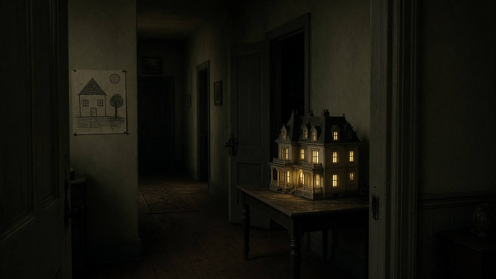 AI artwork of a dim family home at night, with a child's drawing on the wall, a long dark hallway and a softly glowing miniature dollhouse on a table