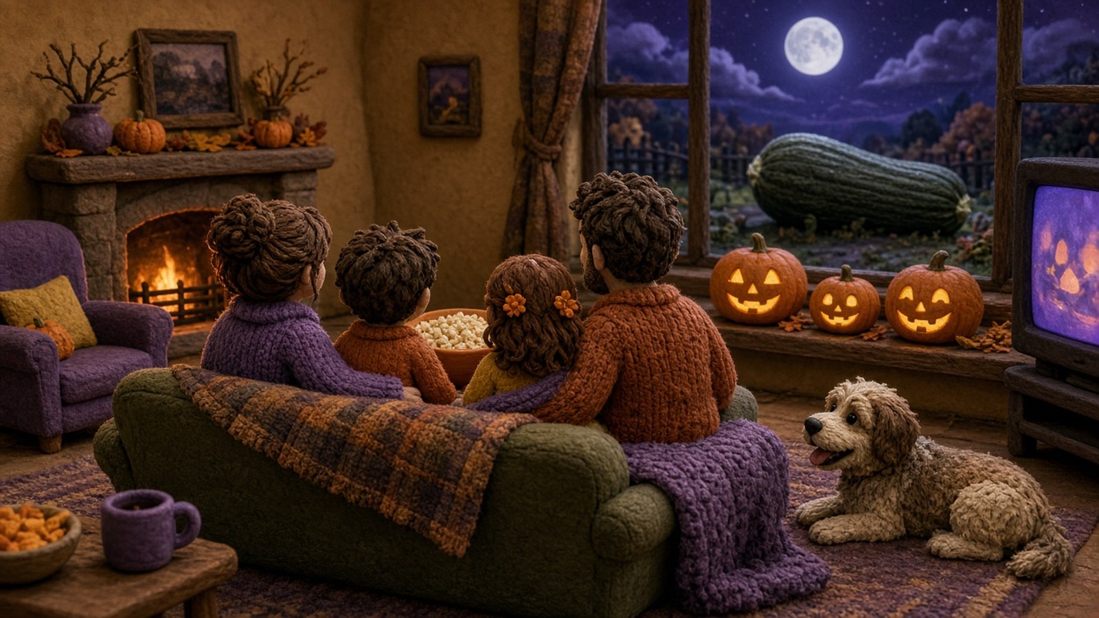 AI artwork in a handmade clay style of a family on a sofa with popcorn and a dog, watching television on Halloween night, with carved pumpkins on the windowsill