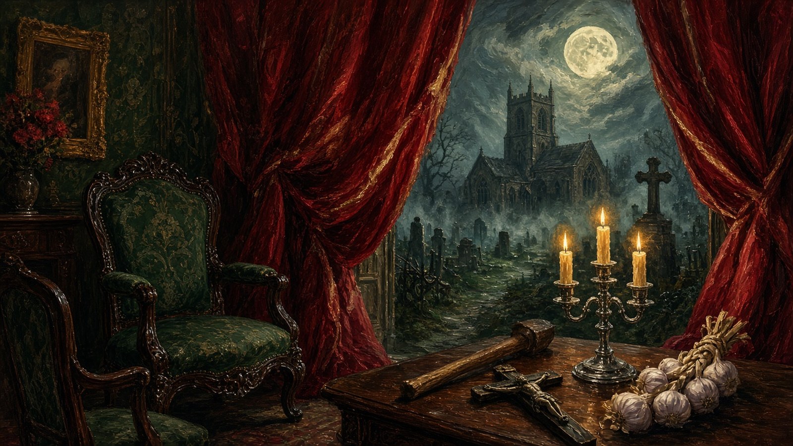 AI artwork of a candlelit Victorian drawing room with red velvet curtains open onto a misty moonlit churchyard, with a candelabra, a crucifix and garlic on a table