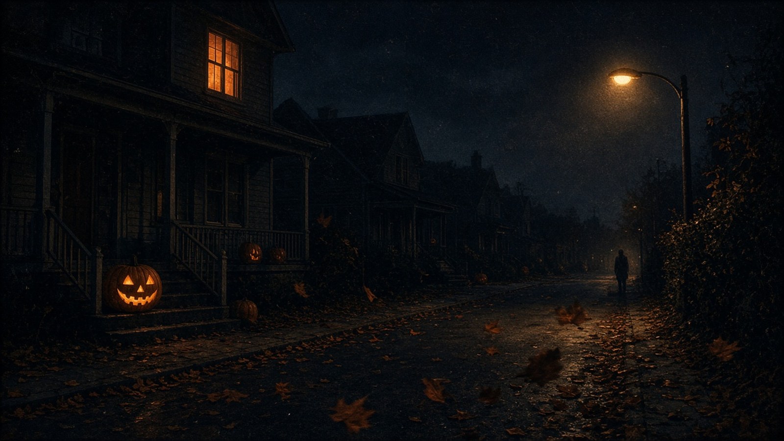 AI artwork of a dark suburban street on Halloween night, with glowing pumpkins on porches, falling leaves and a lone figure under a distant streetlamp