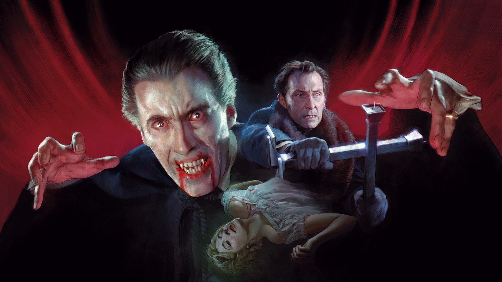 Painted artwork of Christopher Lee as Count Dracula with bloodied fangs, and Peter Cushing as Van Helsing holding up a cross, above a fainting woman