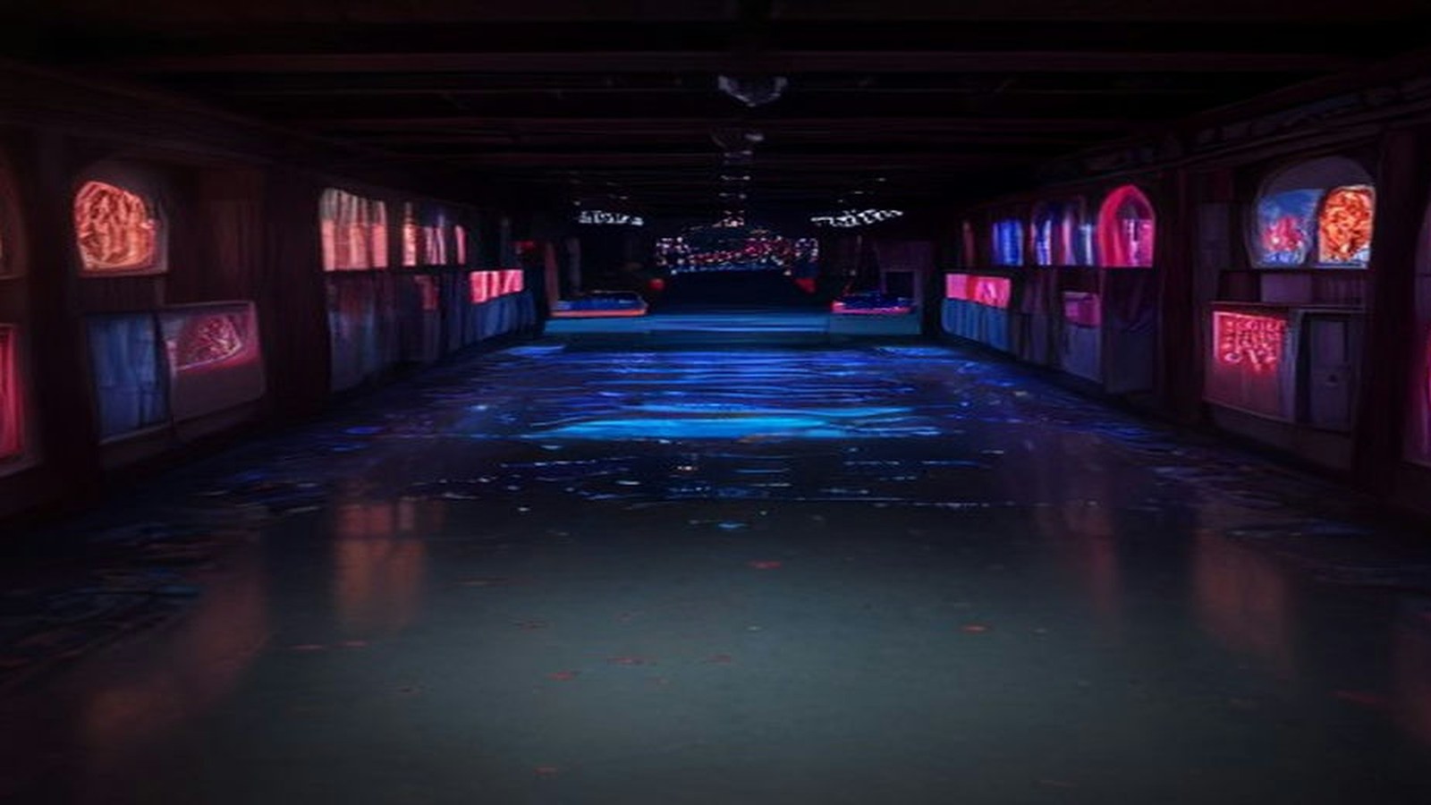 AI artwork of an empty neon-lit funhouse hall at night with red and blue lights reflecting off a wet floor