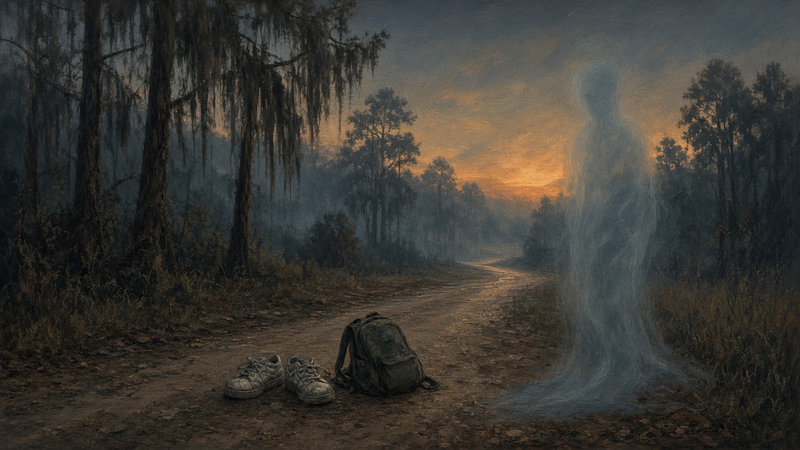 AI artwork of a pair of trainers and a rucksack on a dirt road through a Southern forest at dusk, with a pale ghostly figure standing beside them