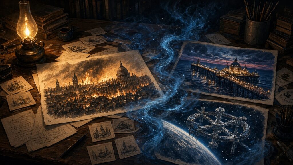 AI artwork of scattered Doctor Who-style story pages and sketches showing a burning old London, a space station and a Dalek-like design beside an oil lamp