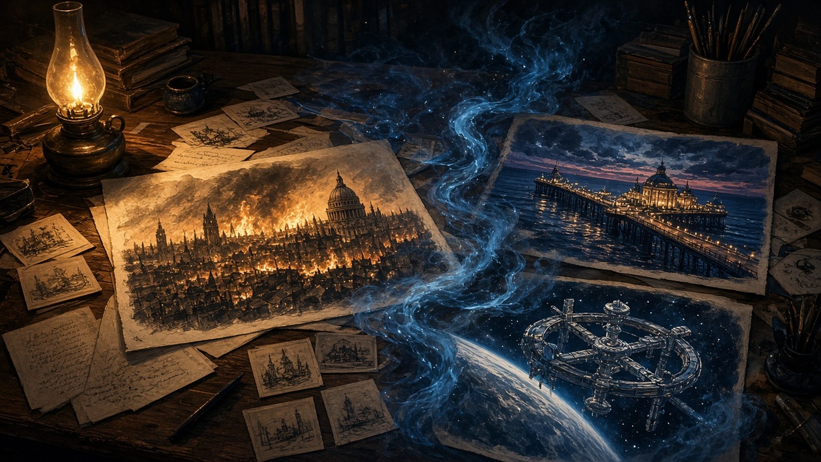 AI artwork of scattered Doctor Who-style story pages and sketches showing a burning old London, a space station and a Dalek-like design beside an oil lamp