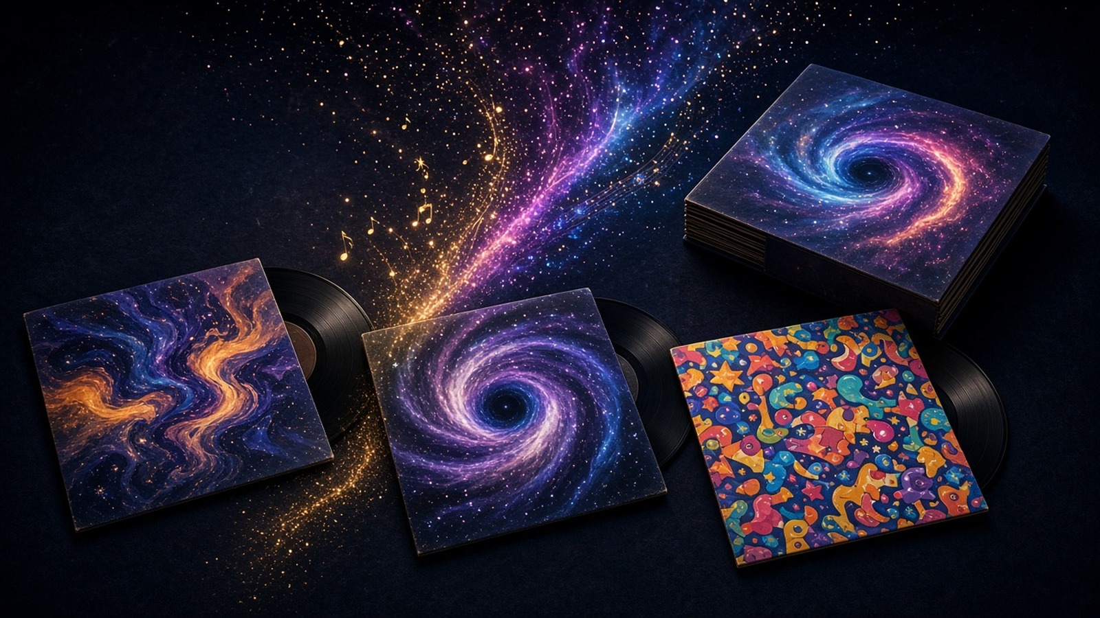 AI artwork of three vinyl soundtrack albums with swirling cosmic sleeves floating in space