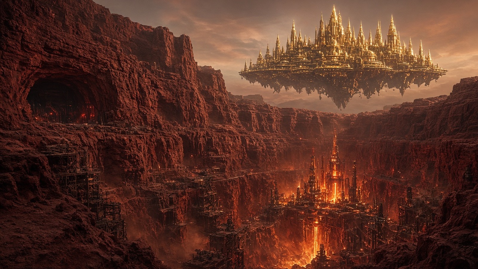 AI artwork of a red Martian canyon with molten mines below a golden floating city
