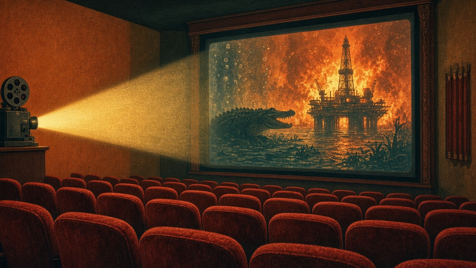 AI artwork of a cinema screen showing a burning sea rig and a giant alligator above rows of red seats