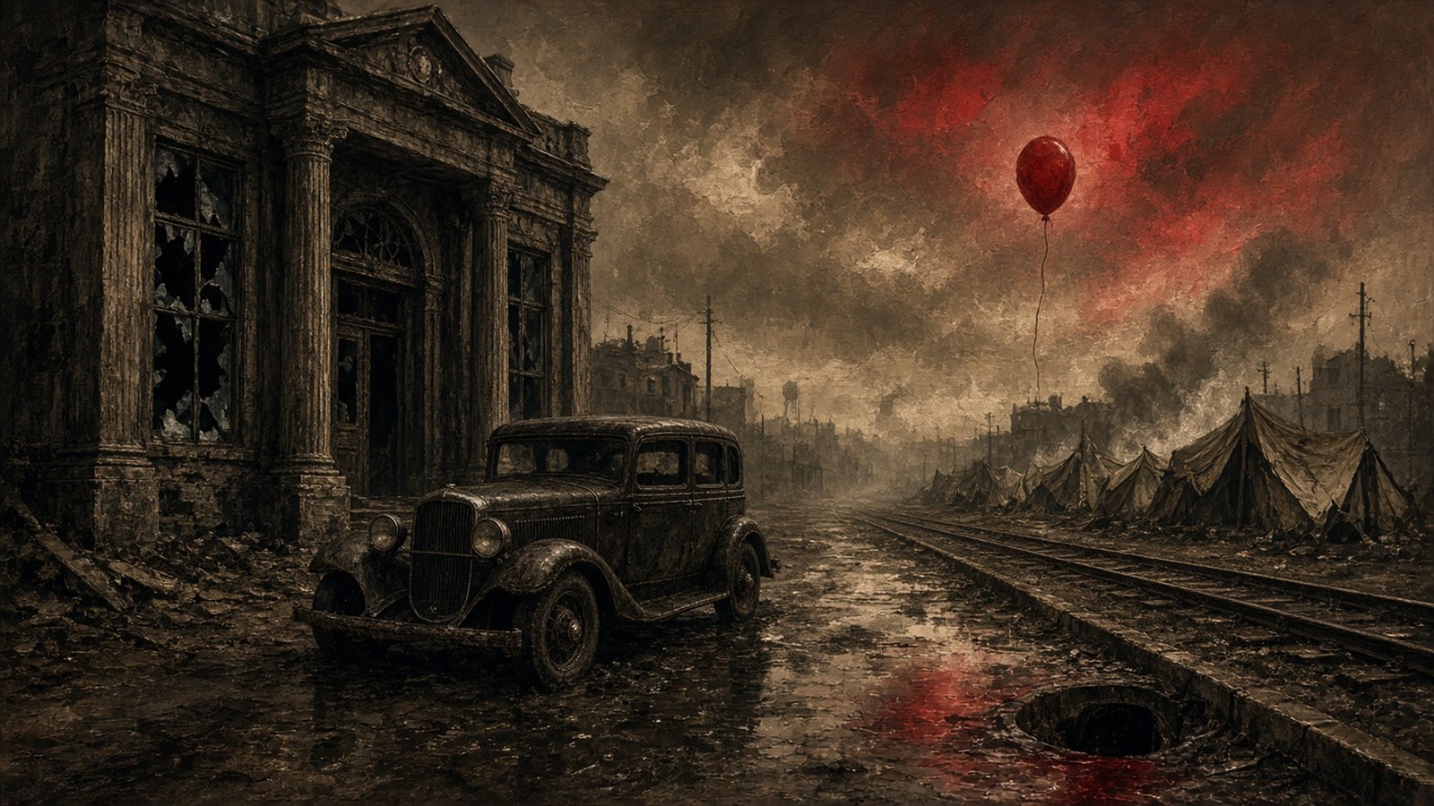 AI artwork of a ruined 1930s bank with a vintage getaway car, railway tracks and a single red balloon