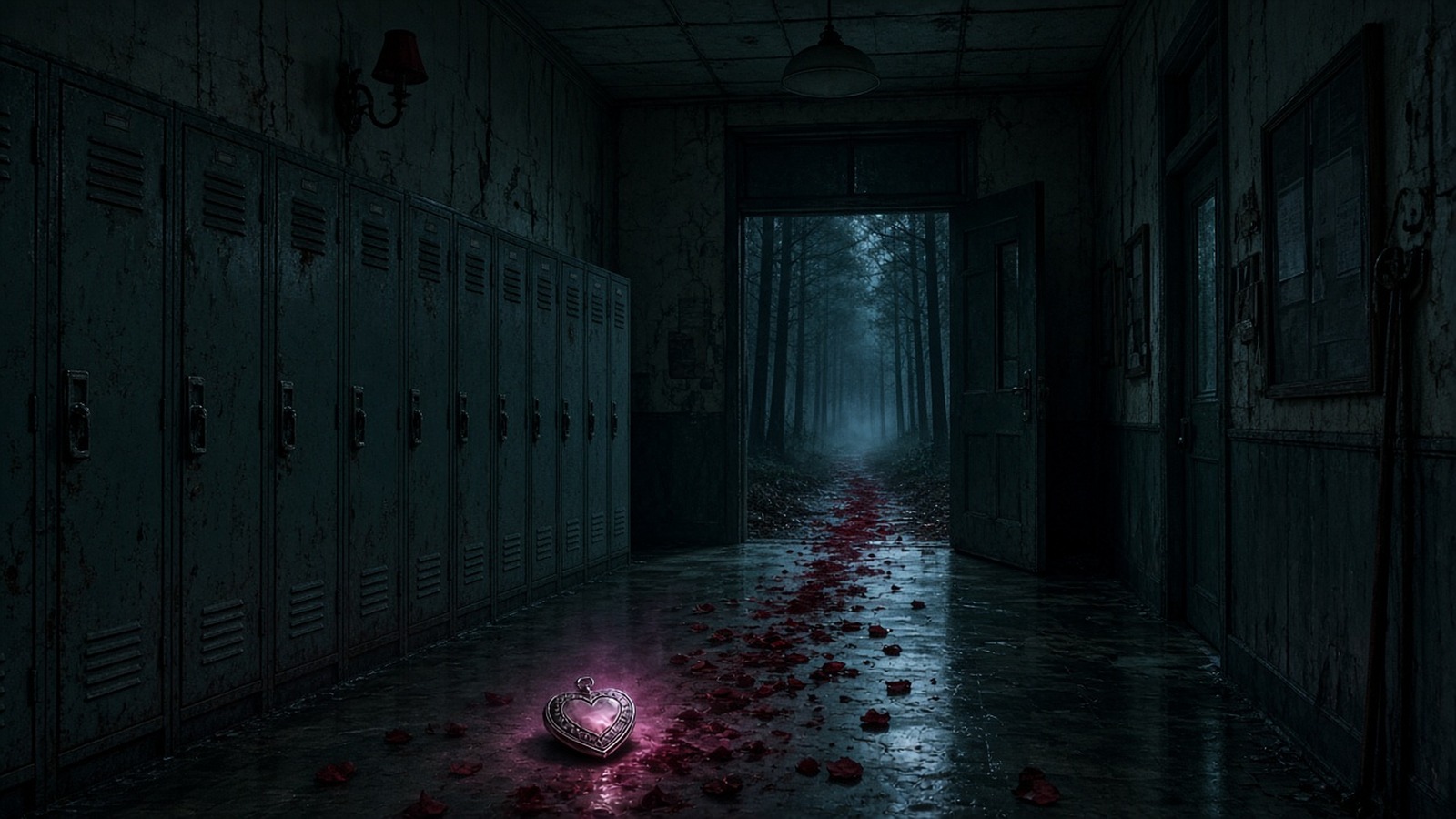 AI artwork of a dark, flooded school corridor lined with lockers and a trail of red petals