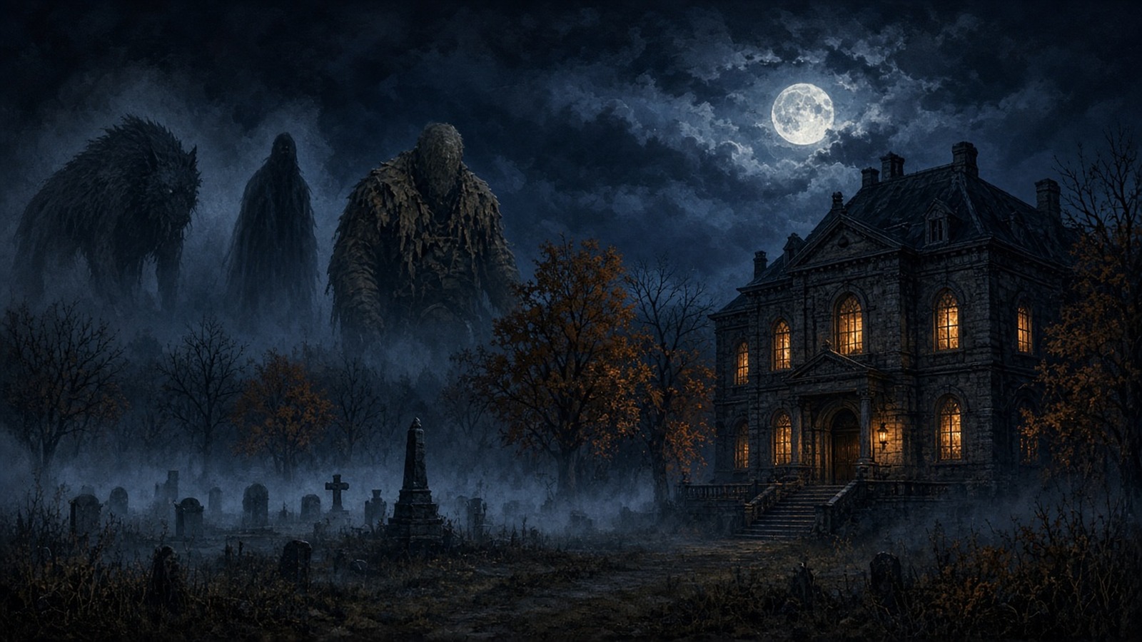 AI artwork of a gothic mansion on a misty hill under a full moon, with shadowy monster shapes on the skyline