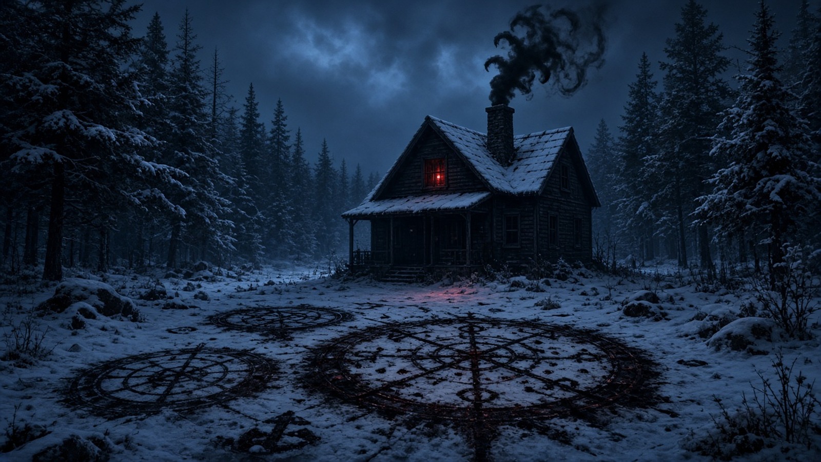AI artwork of an isolated snowy cabin in the woods with ritual circles carved into the frozen ground