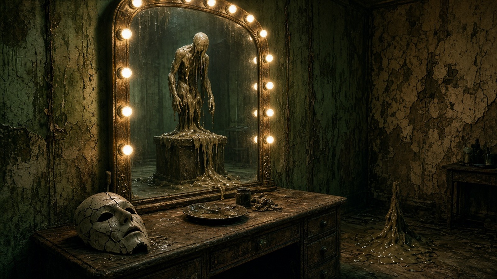 AI artwork of a film-star dressing room mirror reflecting a melting clay figure