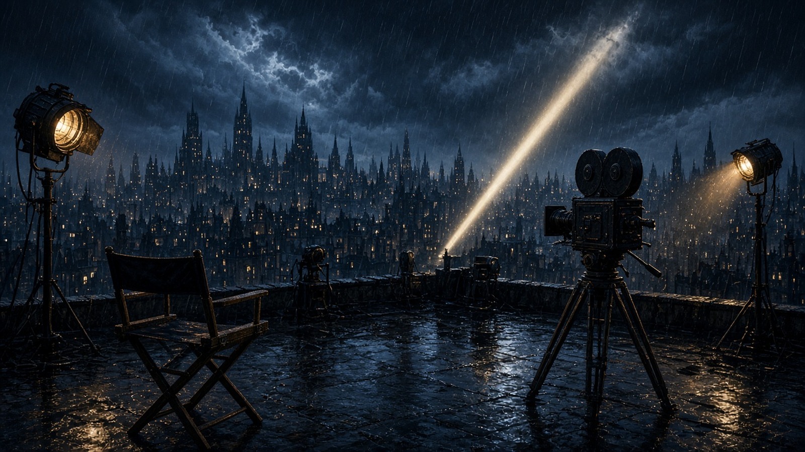 AI artwork of a rain-soaked rooftop film set with a camera and spotlight beam over a dark gothic city