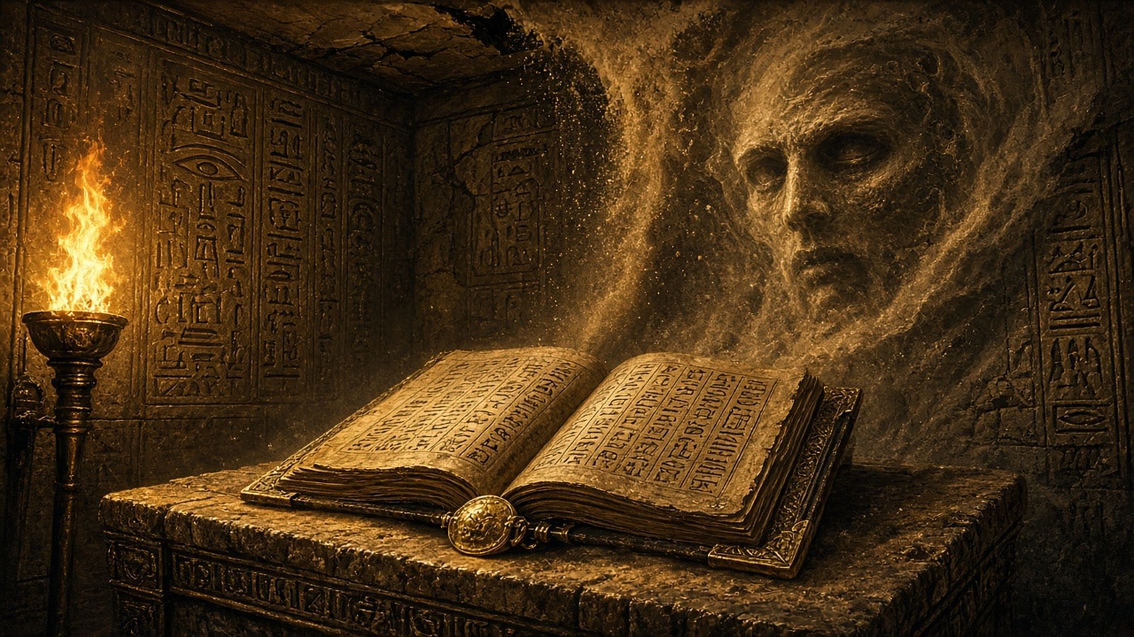 AI artwork of an ancient open book on a stone altar in a torch-lit tomb, with a carved mummy face in the wall