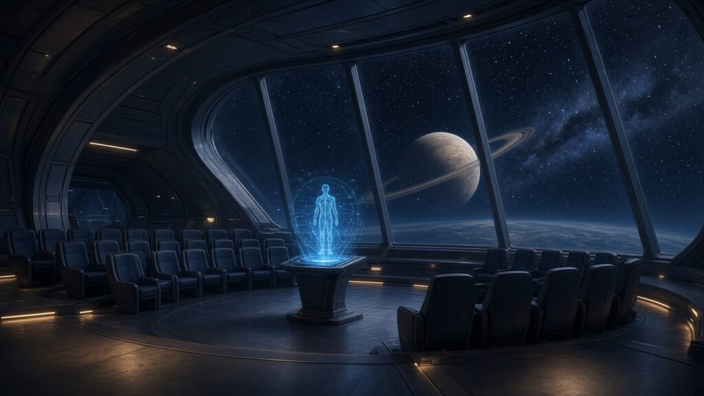 AI artwork of a glowing blue hologram above a lectern in a starship lecture hall, with a ringed planet beyond the windows