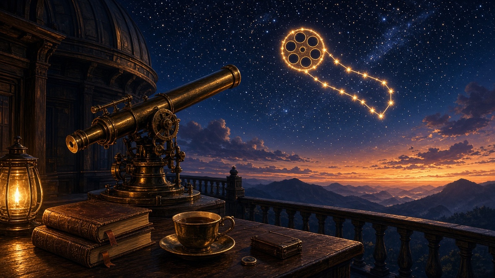 AI artwork of a brass telescope on an observatory balcony under a starry night sky, with a film-reel constellation glowing above the mountains