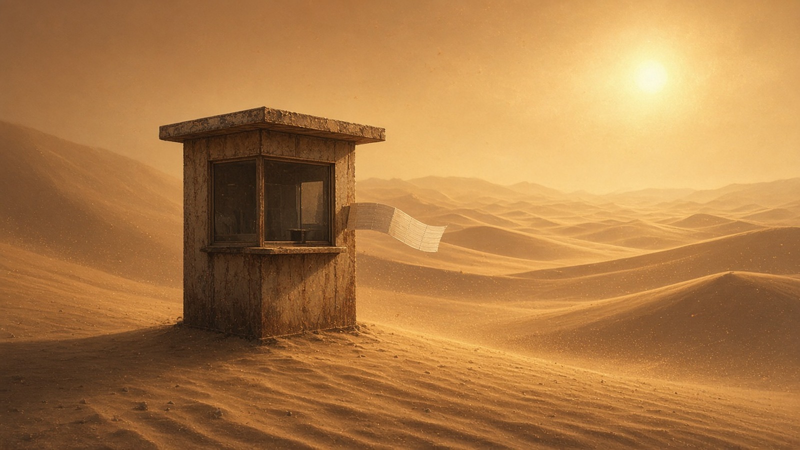 AI artwork of a weathered wooden ticket booth half-buried in golden desert dunes, with a paper ticket strip fluttering in the hot wind under a hazy sun