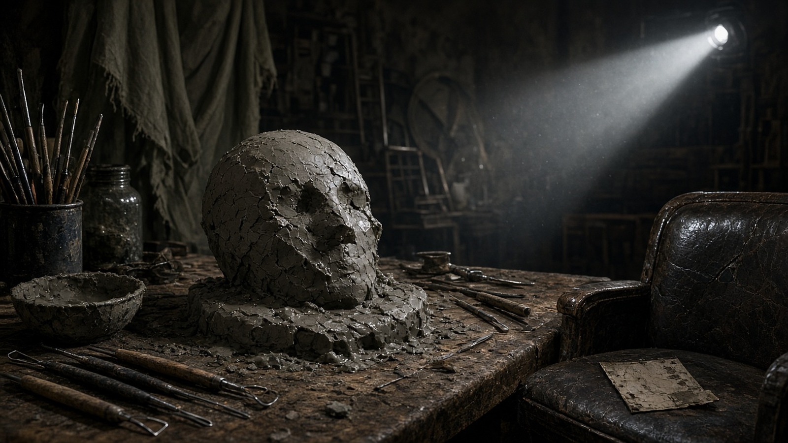AI artwork of a cracked clay head on a sculptor's workbench in a dark studio, lit by a single spotlight beside a worn leather armchair