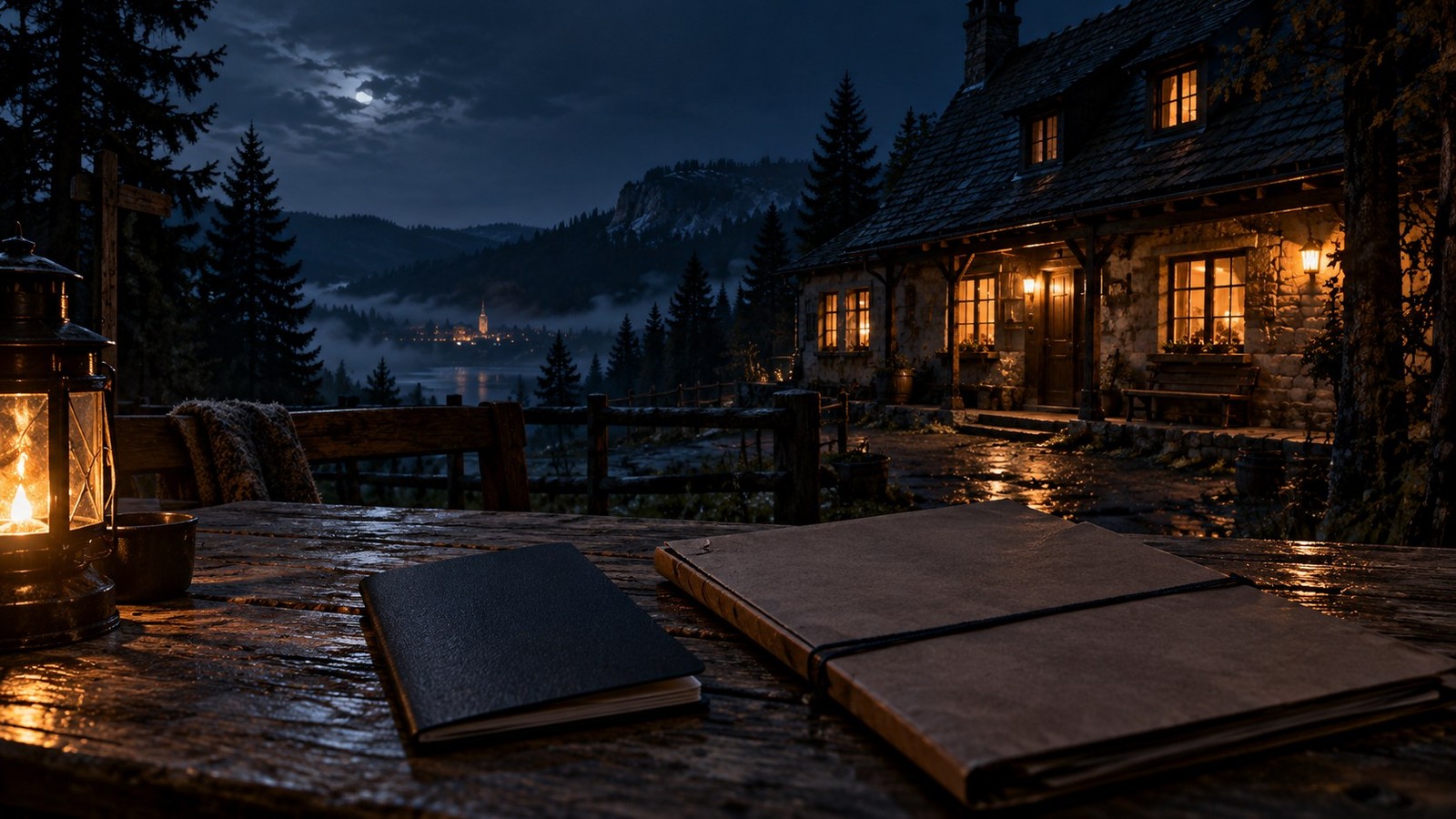 Conceptual espionage dossier outside a secluded European inn at night