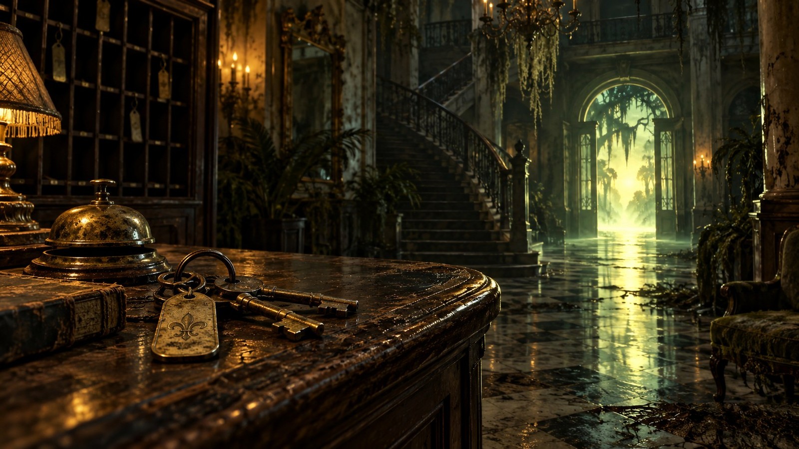 Conceptual abandoned hotel reception with keys and an eerie glowing doorway