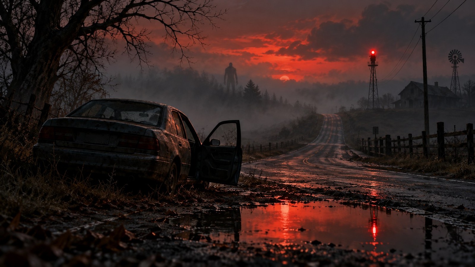 Conceptual abandoned car on a misty road under a red warning light