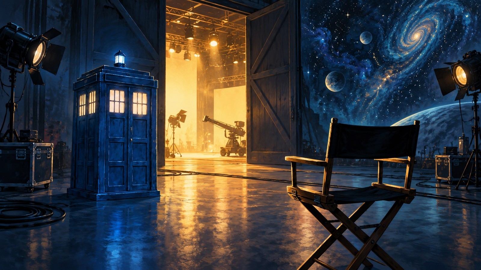 Conceptual blue police box beside an empty director’s chair on a studio floor