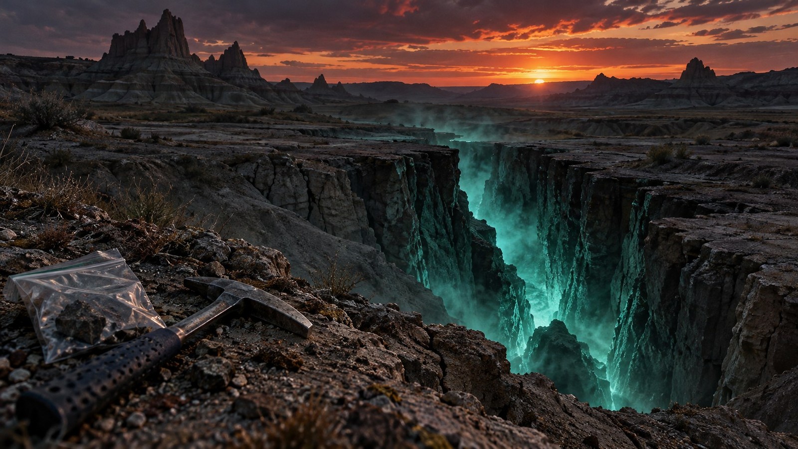 Conceptual badlands fissure glowing beside geological tools