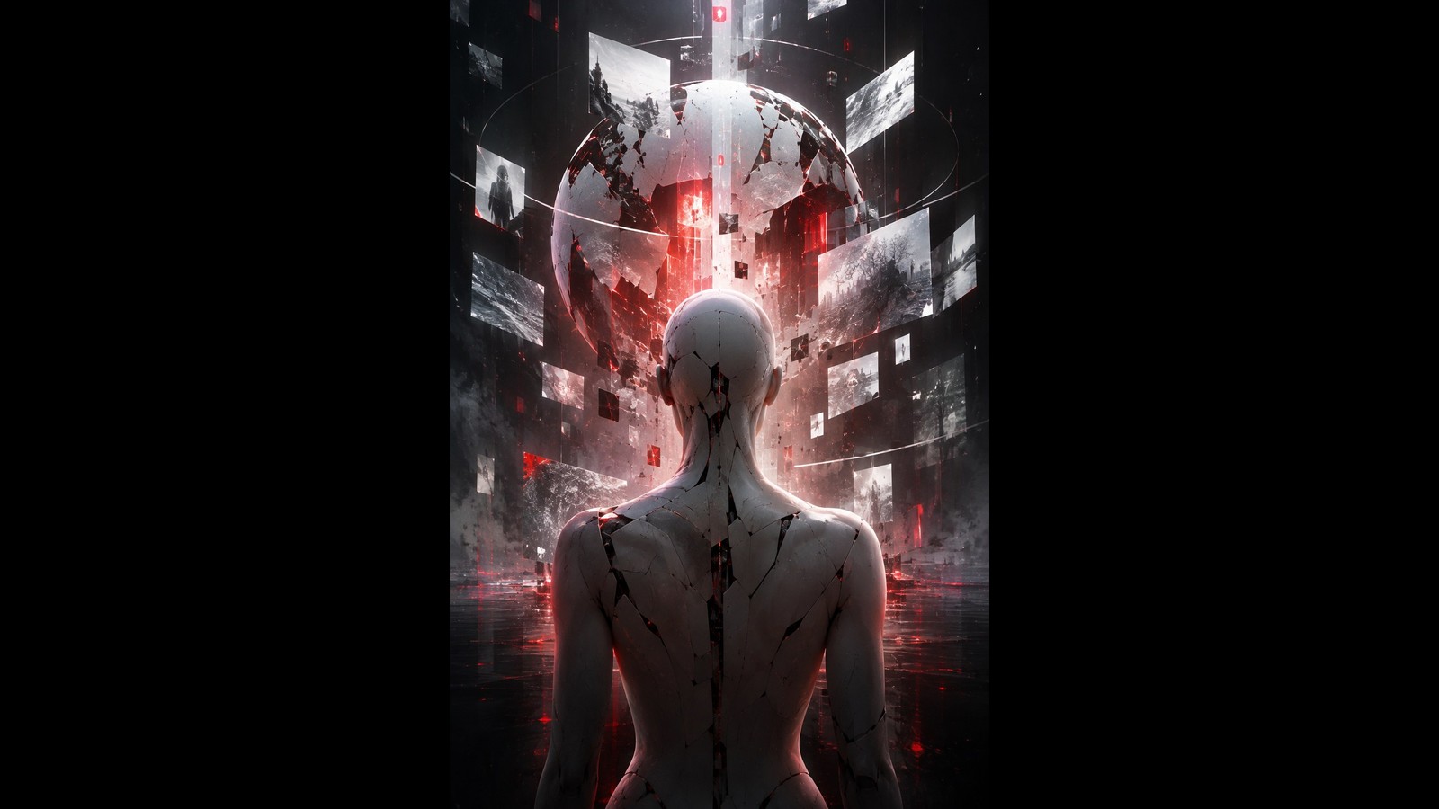 Conceptual white android facing fragmented memories and red light