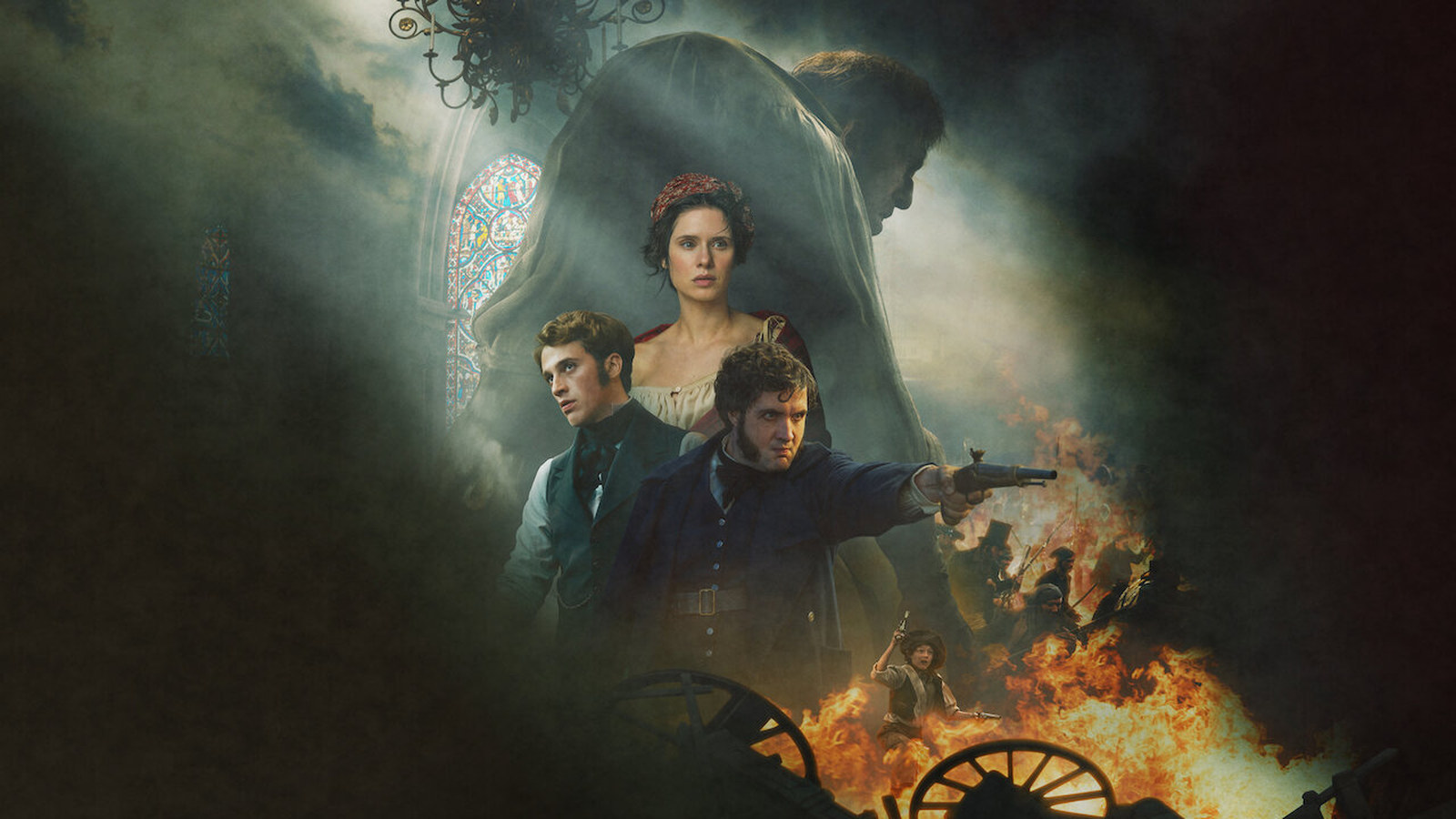 The Hunchback, Soul of Paris official artwork: a hooded figure looms over Daphné Patakia and armed revolutionaries in 1830 Paris