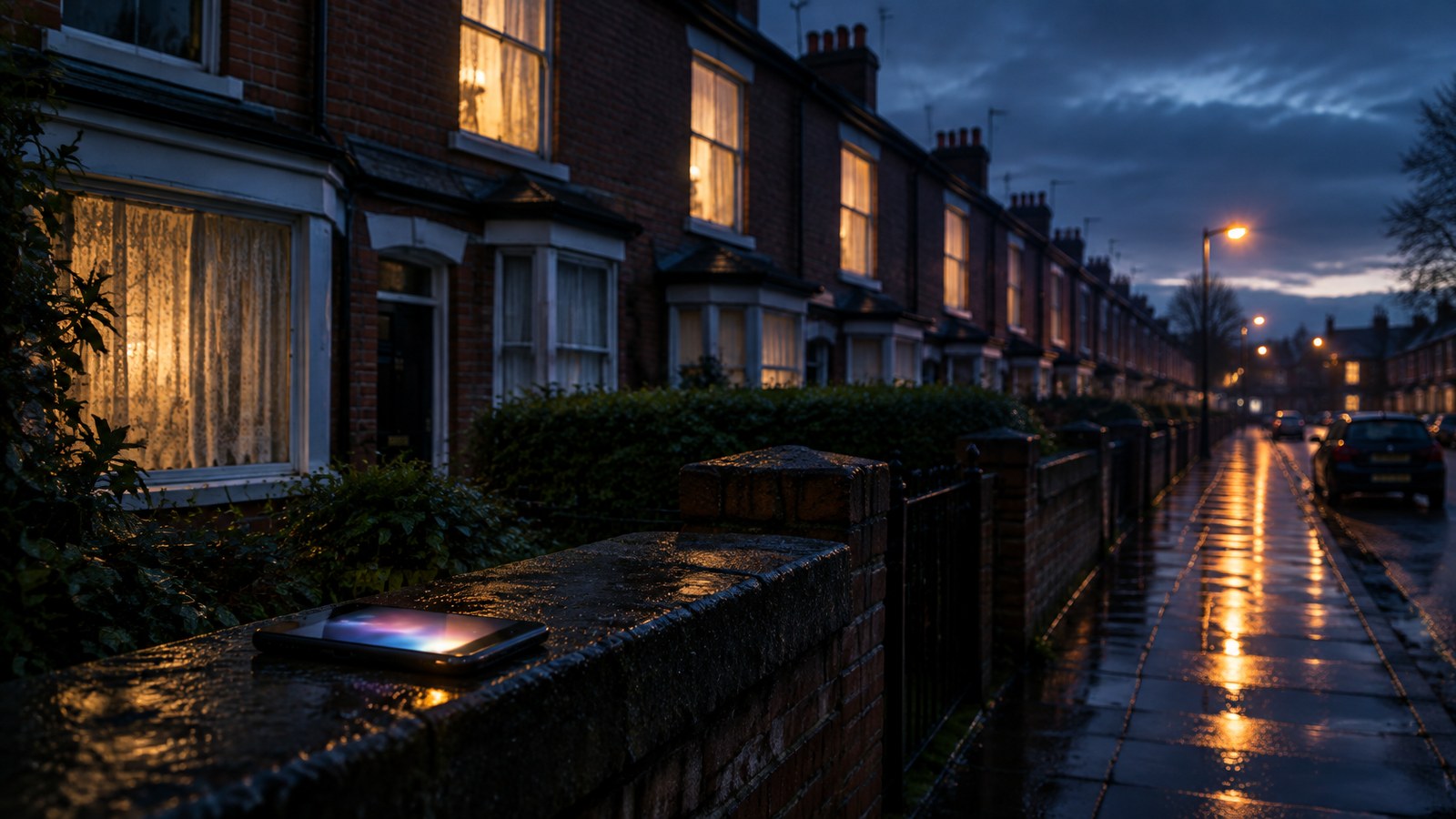 AI artwork of a rainy British terraced street at dusk, lit upstairs windows behind net curtains and a smartphone glowing on a wet garden wall