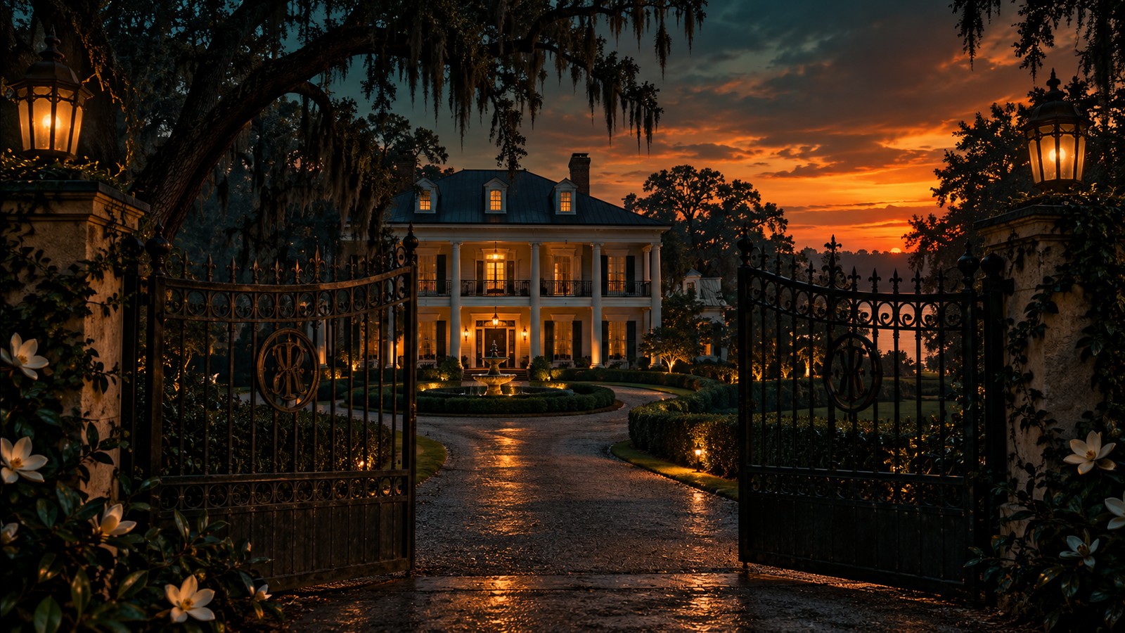 Original illustration of a Texas mansion at dusk behind wrought iron gates