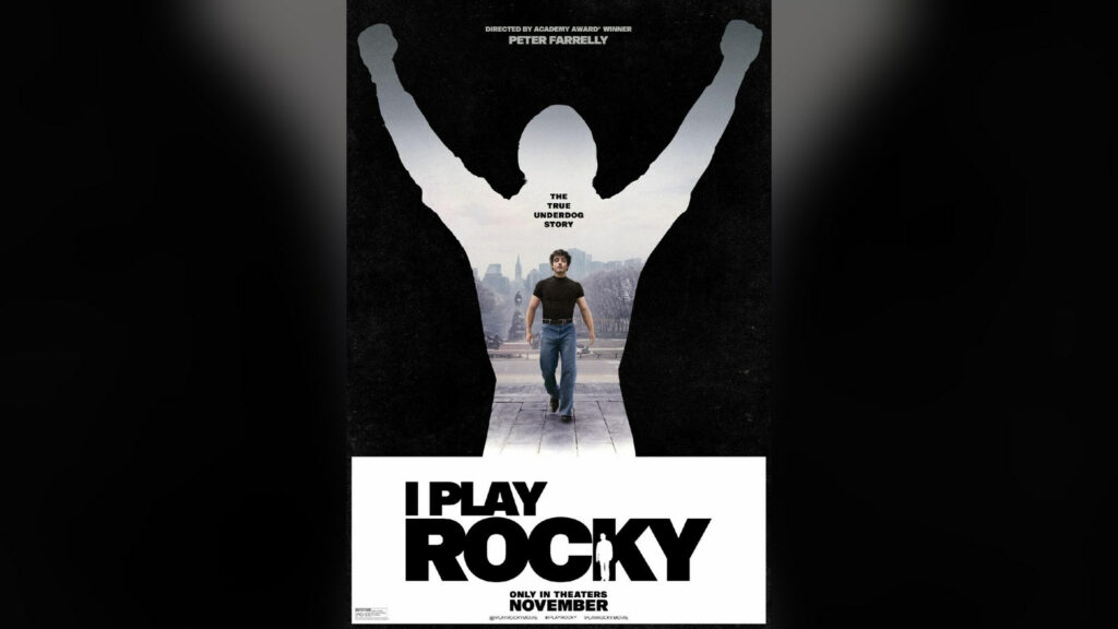 Official I Play Rocky poster: a young Sylvester Stallone, played by Anthony Ippolito, walks down the Philadelphia Museum of Art steps inside a giant arms-raised Rocky silhouette