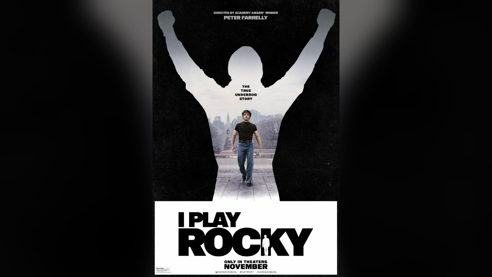 Official I Play Rocky poster: a young Sylvester Stallone, played by Anthony Ippolito, walks down the Philadelphia Museum of Art steps inside a giant arms-raised Rocky silhouette