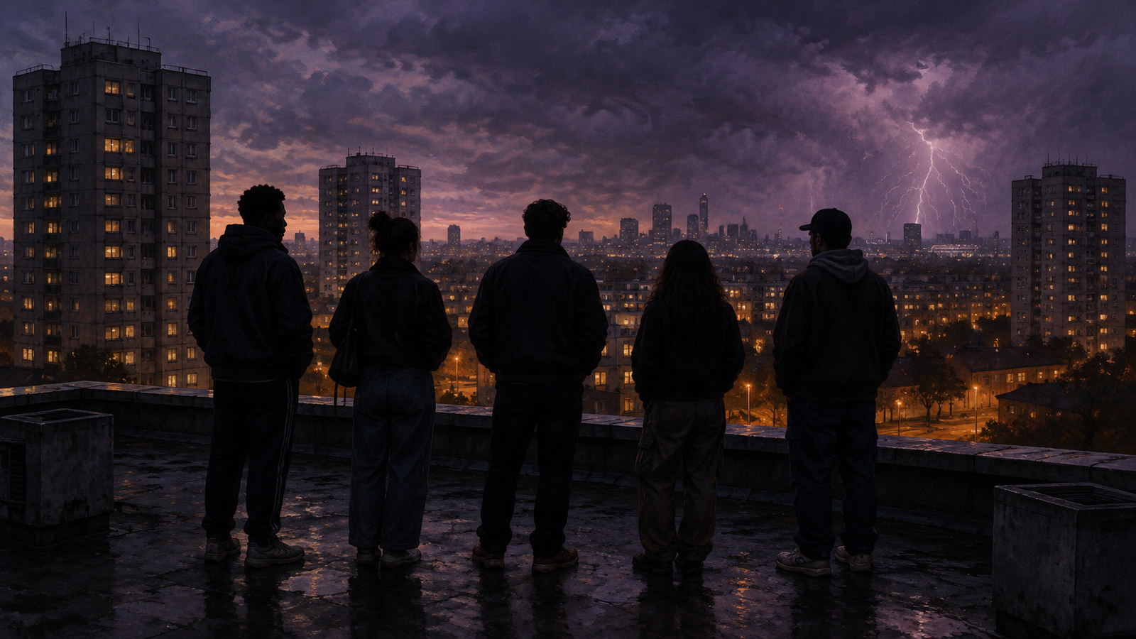 AI artwork: five young friends seen from behind on a wet tower-block rooftop at dusk, Birmingham-style tower blocks and city lights ahead under a stormy purple sky with lightning