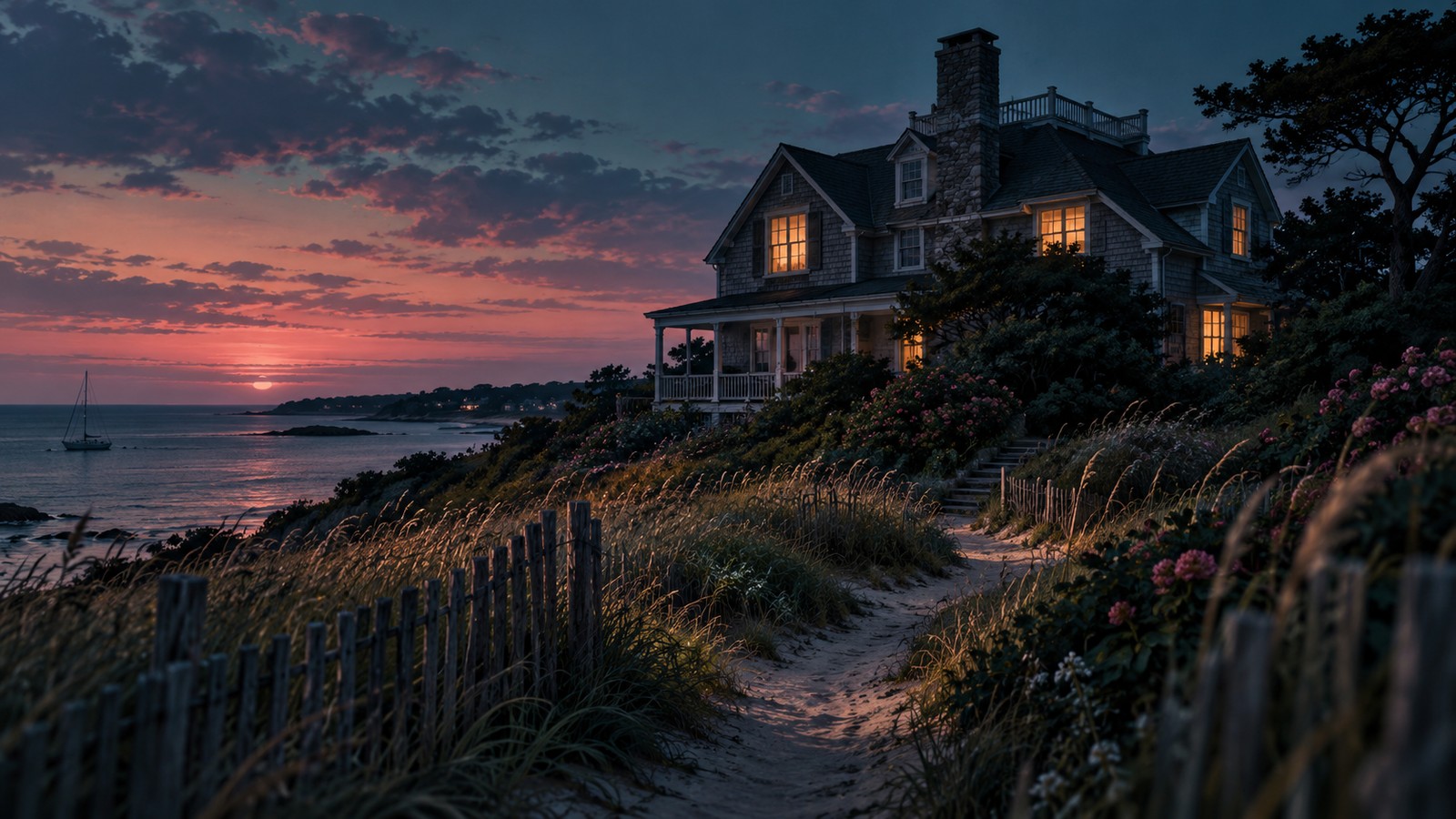 Illustrated coastal house at twilight beside sea grass