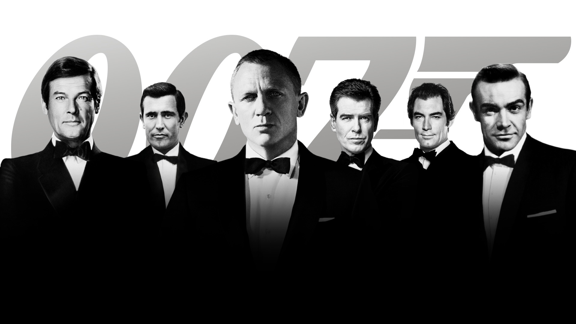Roger Moore, George Lazenby, Daniel Craig, Pierce Brosnan, Timothy Dalton and Sean Connery in dinner jackets in front of the 007 logo