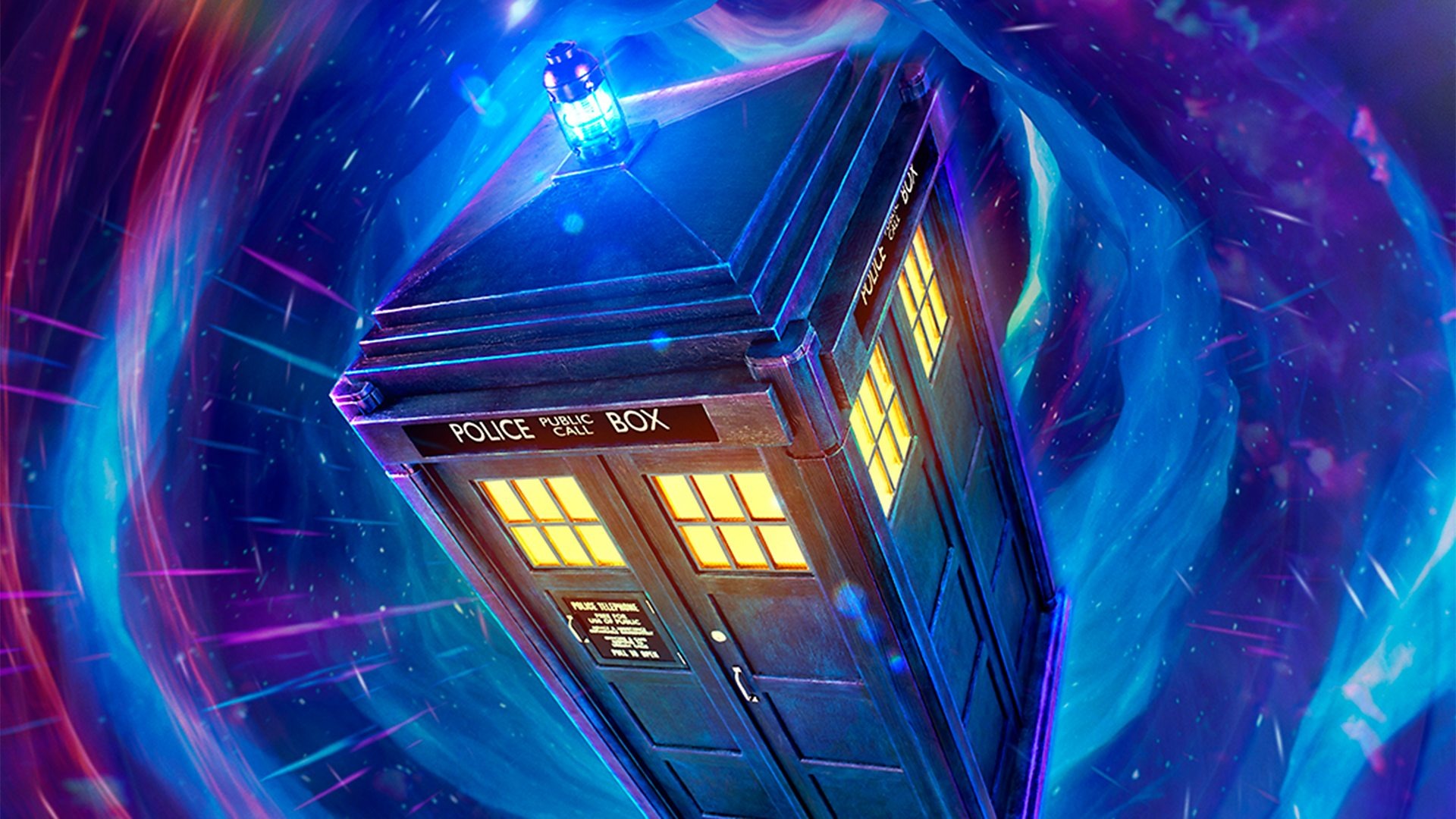 The TARDIS police box spinning through a swirling blue and purple time vortex