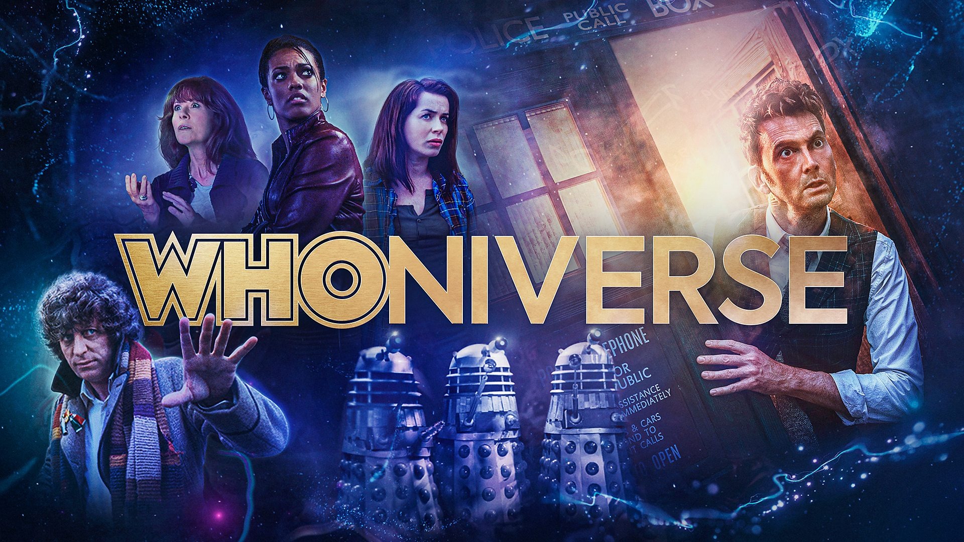 Whoniverse key art showing Doctors, companions and Daleks around the TARDIS