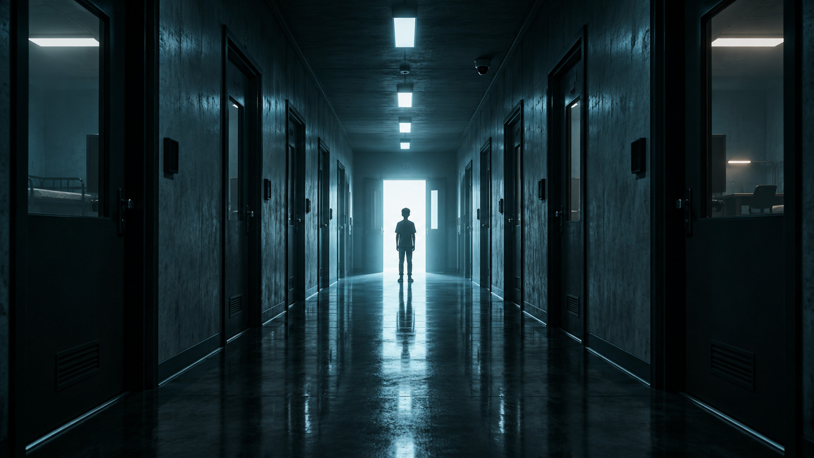 Original editorial illustration of an anonymous figure in a blue institutional corridor