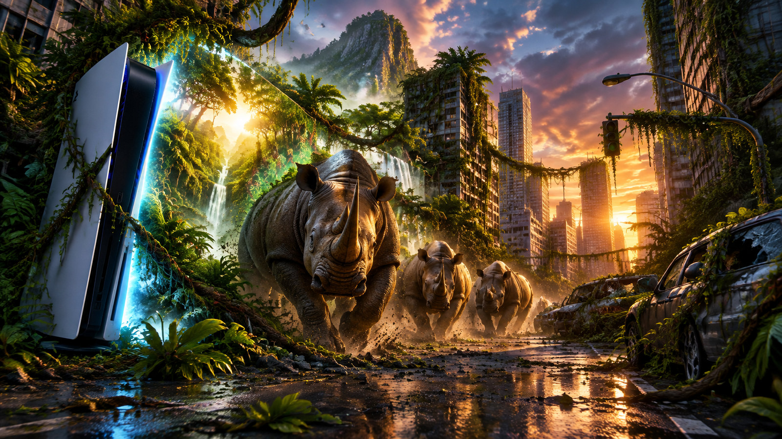 AI artwork: jungle vines and a herd of rhinos burst out of a glowing games console into a city street at dusk