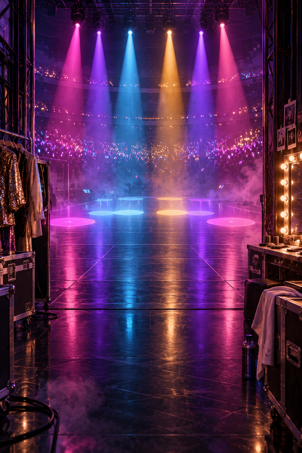AI-created editorial illustration evoking KATSEYE: WILD HEARTS through an empty concert stage, six coloured spotlights and audience lightsticks
