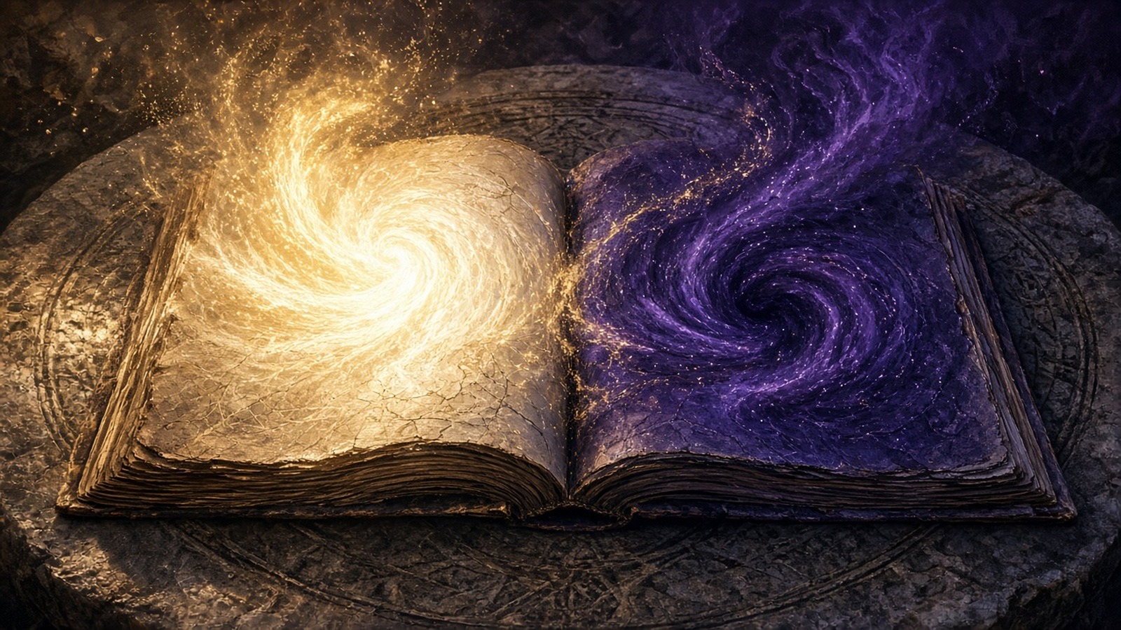 AI artwork of an ancient open book, one page swirling with golden light and the other with violet shadow