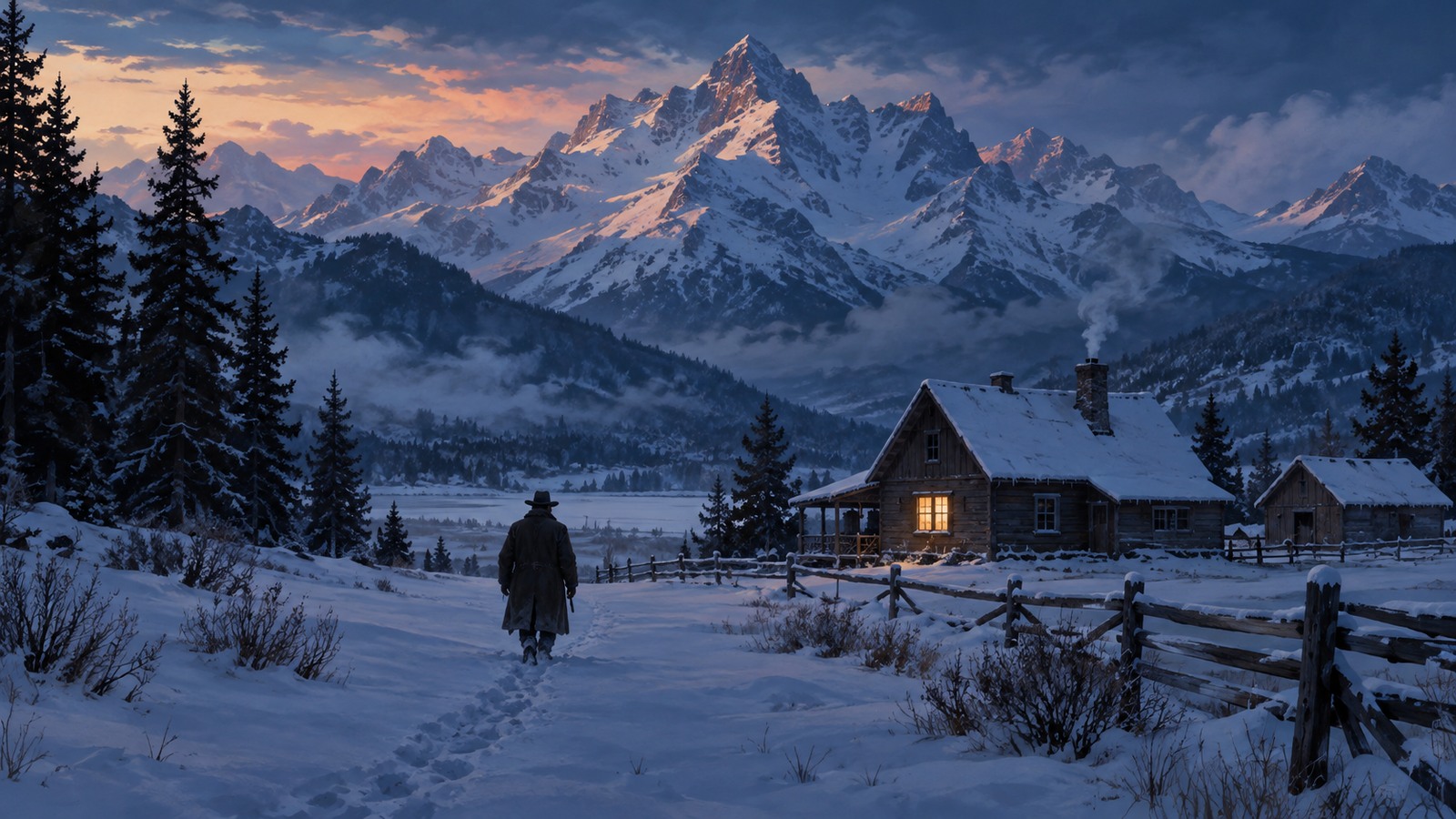 Illustration of a lone figure approaching a snow-covered mountain home at dusk