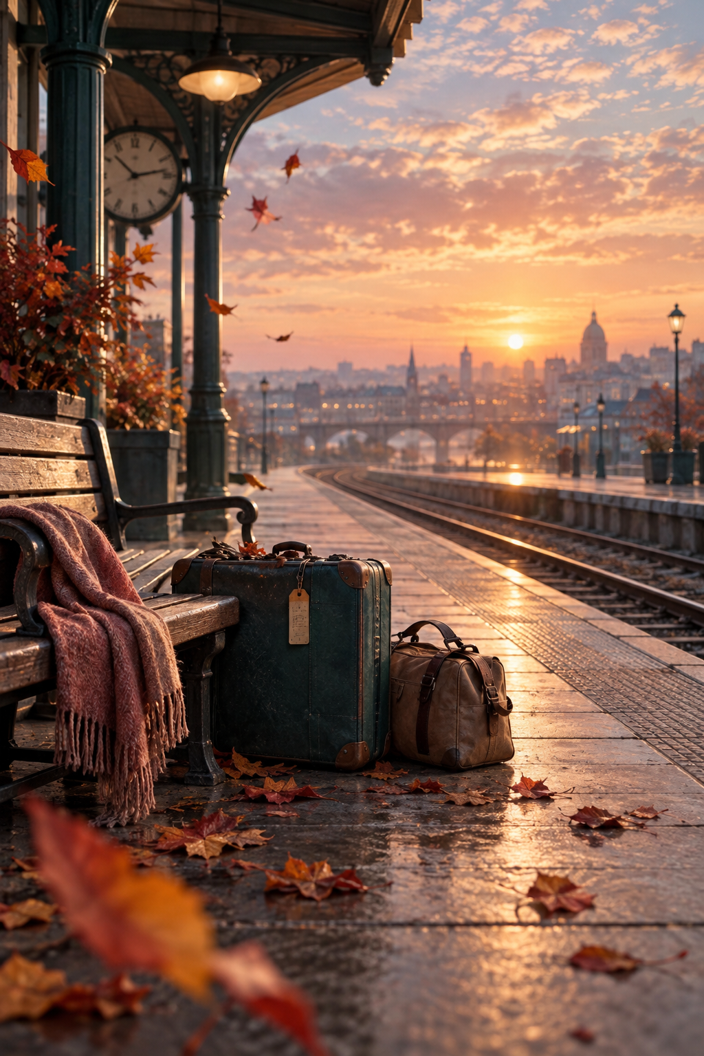 AI-created editorial illustration evoking Love of Your Life through two travel bags on an autumn railway platform at sunrise