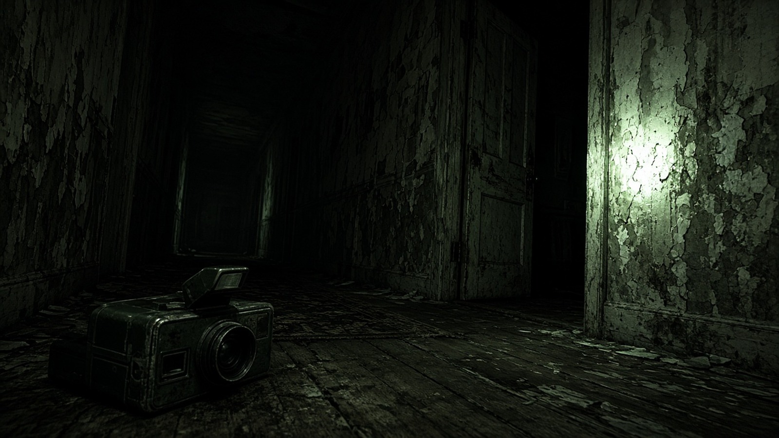 AI artwork of an old instant camera on the floor of a dark, decaying room