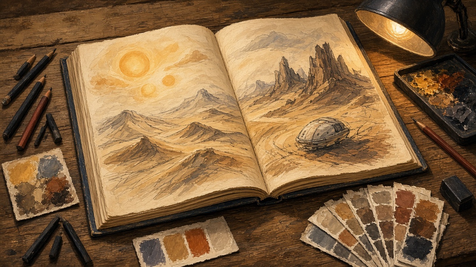 AI artwork of an open sketchbook of desert landscape concept art on a wooden desk, surrounded by pencils and colour swatches
