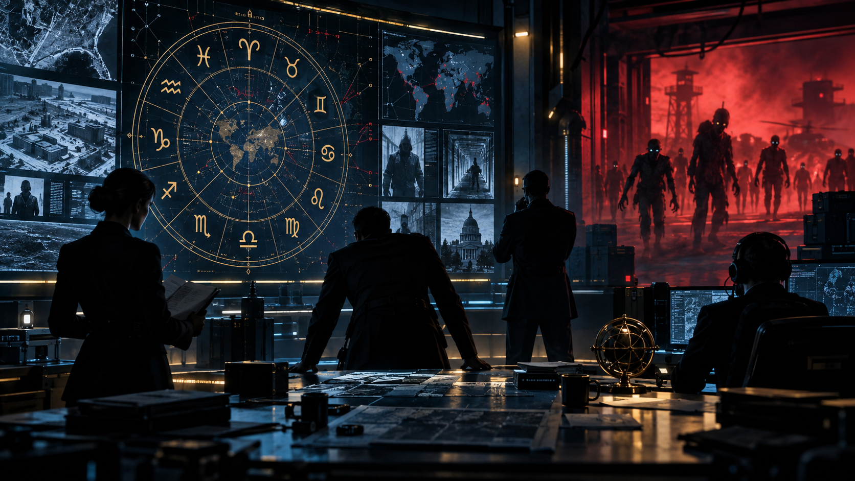 An original zodiac espionage command room facing shadowy undead figures