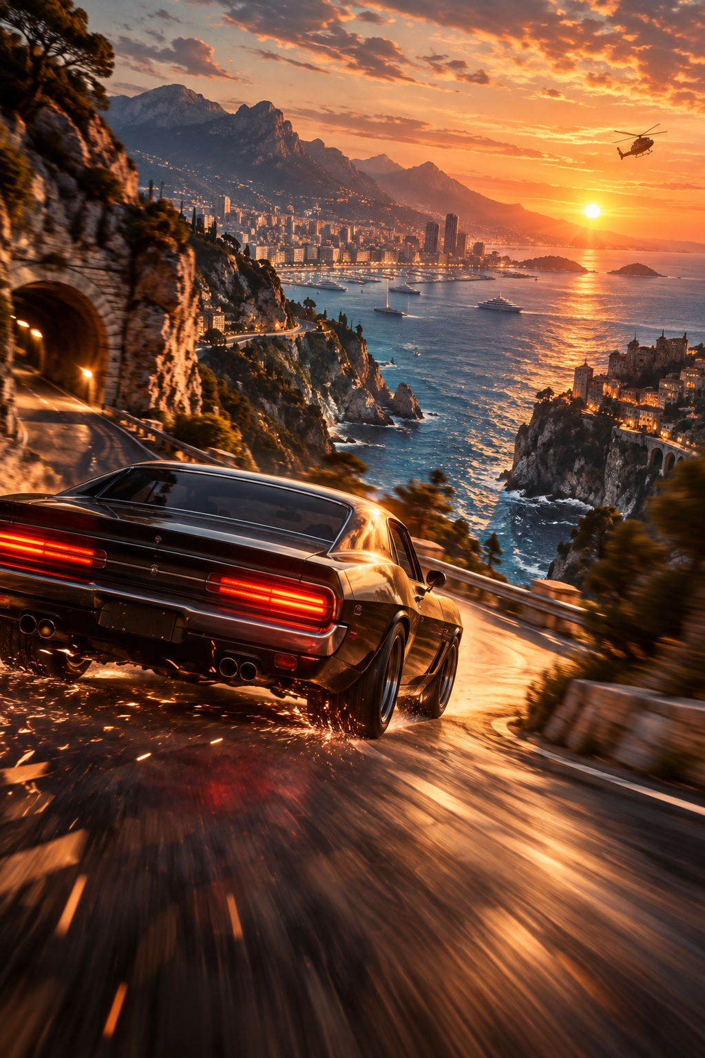 AI-created editorial illustration evoking Matchbox The Movie with an unbranded car racing along a coastal mountain road at sunset