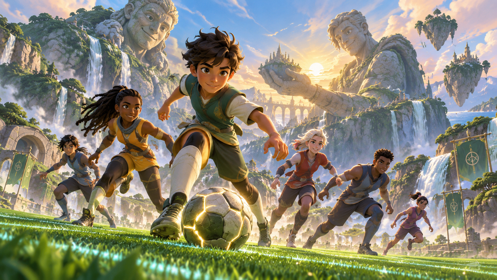 Original young footballers race across a magical pitch beneath friendly stone giants